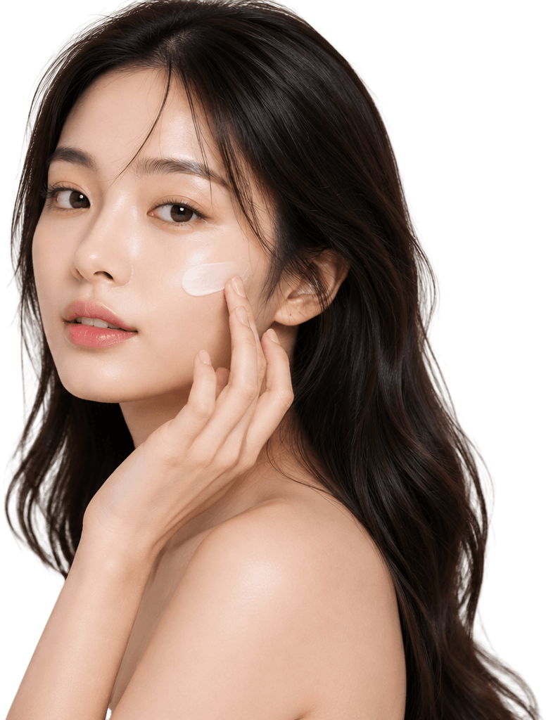 Modelo aplicando skincare no rosto